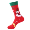 Red Christmas crew sock featuring green rib cuff and festive snowman knitted patterns - Snowman With Bells (1291)