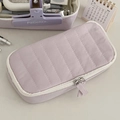 Minimalist lavender quilted fabric pencil case with white trim and large capacity storage - Purple