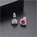 Sterling silver stud earrings with cushion-cut red gemstone and halo of clear stones - Silver with Red Rhinestone