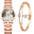 Rose gold quartz watch with palm leaf dial and matching star pendant bracelet - Black + Bracelet