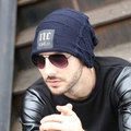Men's navy blue winter knit beanie featuring a grey leather patch logo for outdoor warmth - M (56-58cm) / NC Navy Blue