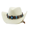 Detail of western straw hat with turquoise beads and adjustable brown chin cord - M(56-58cm) / Creamy White