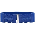 Detail of blue elastic waist belt featuring a silver metal buckle and woven leather accents - Bright Blue