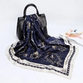 Navy blue paisley satin square scarf with classical golden patterns and elegant white border - 90x90cm / Beige Navy (D9023)