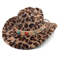 Detail of leopard print cowboy hat featuring turquoise and ruby studded woven band - M (56-58cm) / Light Brown Straight Crown