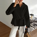 Women's black belted collarless wool blazer for casual vacation and elegant autumn style - S / Black