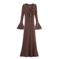 Braunes Langarmkleid mit V-Ausschnitt, Rüschen, ausgestellten Ärmeln und Netzstrick - S / Kaffeebraun