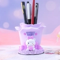 Cute purple petal pen holder with a sweet white kitten and decorative bows and hearts - Purple Flower Pen Holder (991-5 Purple)