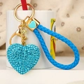 Blue rhinestone heart keychain with matching blue braided strap and gold metal accents - Rhinestone Heart Blue
