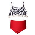Kids two-piece swimsuit featuring black white striped top with ruffles and red bikini bottom - 152 / Striped with Pompoms