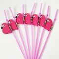 Flexible pink drinking straws with colorful flamingo paper toppers for party decor - 5x240mm Honeycomb Flamingo Rose Red Plastic Flexible Straw