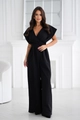 Detail of elegant black V-neck jumpsuit showing smooth fabric texture and belted waist - S / Black