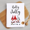 Christmas gnomes microfiber kitchen towel with Holly Jolly print on wooden board - Christmas Gnomes Holly Jolly