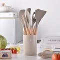 Beige 14-piece silicone kitchen utensil set with wooden handles and a storage bucket - Kitchenware Set / Khaki