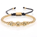 Men's gold beaded bracelet with black stone cubes and adjustable woven cord - Gold Geometric Cube