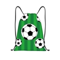 Detail of green striped drawstring backpack with classic black and white football patterns - Green Vertical Stripes Soccer Pattern (jiayingskd71)