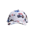 Kids baseball cap in white with colorful monster truck prints and racing flags - White Base Car