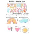 Size chart showing rainbow and cloud window stickers with dimensions in cm and inches - Rainbow Cloud Heart Set (XC8007)