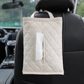 Beige quilted PU leather car tissue box holder hanging on the back of a car seat - Beige (Plain)