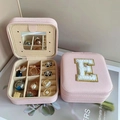 Pink square PU leather jewelry box with mirror and letter E embroidery for storage - Letter E / Pink