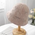 Beige hollow knit bucket hat with textured floral pattern and wavy brim for summer sun protection - M (56-58cm) / Light Pink (Cross Pattern)