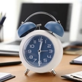 Despertador mecánico con esfera azul y campanas de metal sobre una mesa de madera - Despertador Silencioso F18 (Azul)