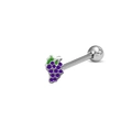 Macro detail of purple grape-shaped charm and green leaf on a steel barbell tongue ring - Stainless Steel/Enamel / Grapes
