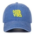 Detail of Good Vibes 3D embroidery on blue washed denim vintage cotton baseball cap - Light Blue