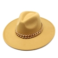 Close-up of mustard yellow wide brim wool fedora hat with a chunky gold chain strap - M(56-58cm) / Camel