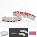 Silver hip hop grillz set with shiny crystals and red blood drip effect with tools - Full Set (With Accessories) / Silver Blood Flame