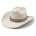 Classic cream suede western cowboy hat with a bohemian woven band on a white background - M (56-57cm) / Beige
