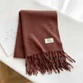 Thick brown wool scarf with fringes and minimalist beige brand label on white surface - 16# Reddish Brown / Over 175cm
