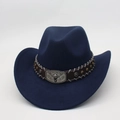 Dark blue felt cowboy hat featuring bull head buckle and silver star rivets - One Size (57cm) / Navy Blue