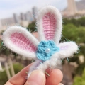 Handmade crochet bunny ear hair clip with sparkling yarn and pearl detail - Pink Purple Glitter Rabbit Ears (Flower)