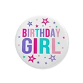 Detailed view of round white Birthday Girl badge with colorful star patterns and text - Birthday Girl / 58mm