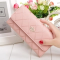 Lange roze PU-leren damesportemonnee met ruitpatroon en goudkleurige kroonsluiting - Roze