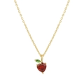 Vista detallada del collar de manzana con gema roja de corazón y hoja verde - Collar de Manzana Dorada