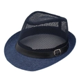 Dark blue breathable mesh Fedora hat with woven brim and black leather belt accessory - One Size / Navy Blue