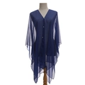 Dark blue sheer tulle poncho wrap with V-neckline and elegant white pearl buttons - Navy Blue