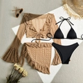 Detail of four-piece black bikini set with brown lace shrug and ruffled sarong wrap - S / Coffee
