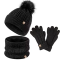 Three-piece black winter knit set for kids featuring pompom hat, scarf, and gloves - Black