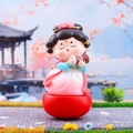Cute ancient Chinese style tumbler doll ornament in pink robe holding a scroll - Tang Dynasty Maiden with Drum Medium