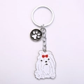 Metal keychain featuring a silver ring with a Maltese dog charm and a black paw print charm - Maltese Paw