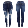 Zerrissene Damen-Slim-Fit-Jeans in Dunkelblau mit Vorder- und Rückansicht im Detail - S / Dunkelblau