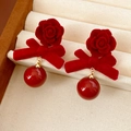 Detailed view of red velvet rose earrings with festive bow and glossy bead drops - 3D Rose Bow Style (Silver Needle - Red Flower) / Red