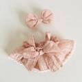 Rosa kariertes Kleid mit Rüschen und passendem Schleifen-Stirnband für 17cm Puppen - Passend für 17cm Puppe / Rosa Puff-Trägerkleid + Haarklammer / Rosa