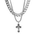 Double-layered silver stainless steel Cuban chain necklace with cross pendant for men - Steel Color (KN201778-KFC)