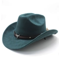 Detailed view of silver bull head ornament on a teal western felt cowboy hat band - M (56-59cm) / Peacock Green (Suede)