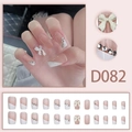 Pink French nails with white bow and rhinestone accents, 24pcs variant D082 - D082 (Glue Type)