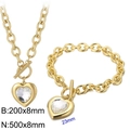 Golden chunky chain OT buckle jewelry set with crystal heart pendant necklace and bracelet - Gold 2-Piece Set - Clear Gem (KS197627-Z)